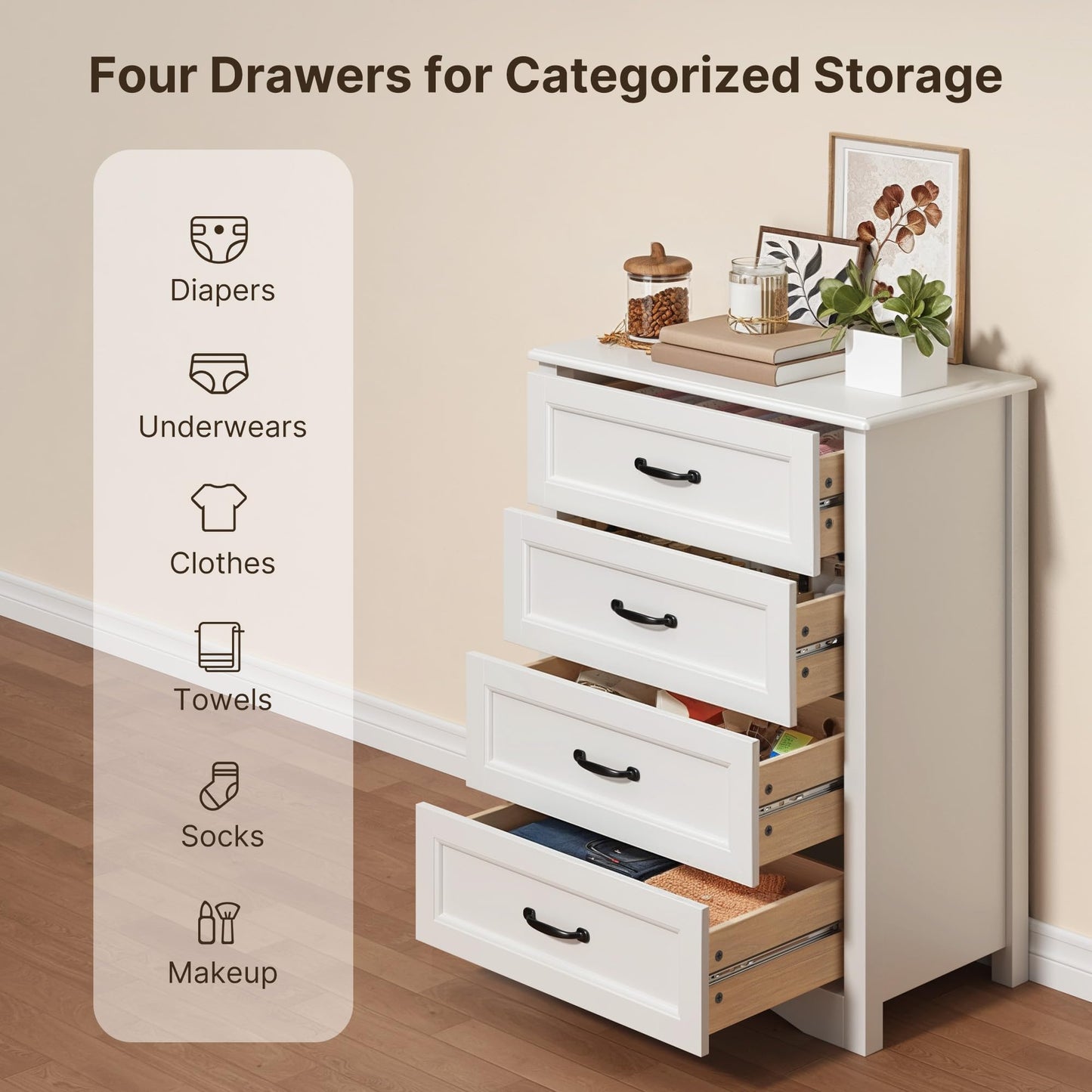 Gizoon Dresser for Bedroom with 4 Drawers Wooden Chest of Drawers for Closet Dresser Storage Unit Organizer for Hallway Living Room and Office, White, Painted