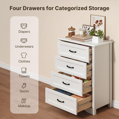 Gizoon Dresser for Bedroom with 4 Drawers Wooden Chest of Drawers for Closet Dresser Storage Unit Organizer for Hallway Living Room and Office, White, Painted