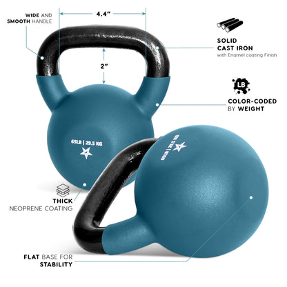 Yes4All Kettlebell, 5-65 LB Neoprene Coated Cast Iron Kettlebells, Wide Grip Handle & Flat Bottom for Swings, Squats, Deadlifts, Push Ups & Full Body Training at Home Gym - Single & Set