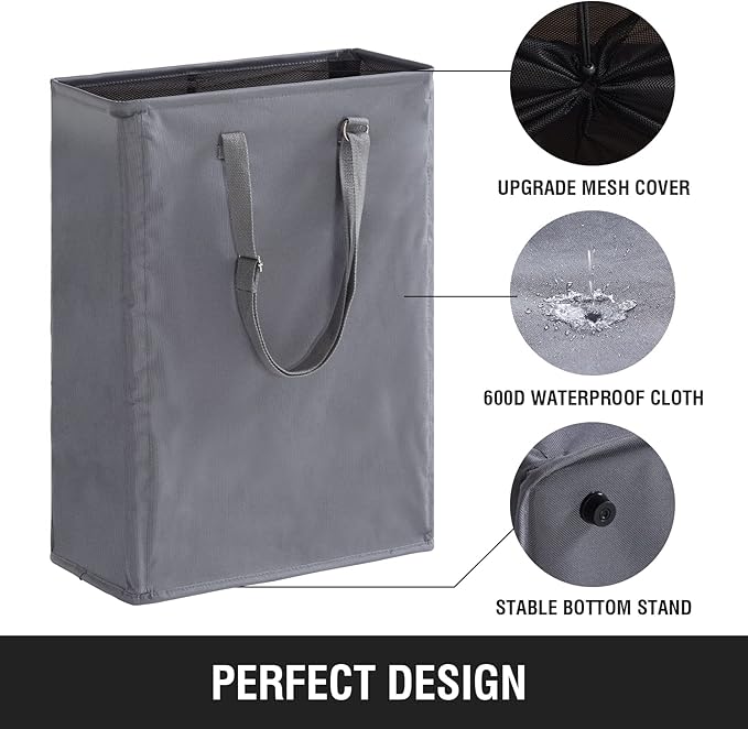 Slim Laundry Hamper with Adjustable Long Handles, 45L Small Laundry Baskets