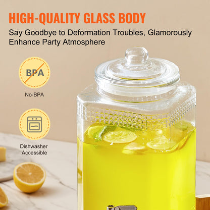 VEVOR Beverage Dispenser, 1.5 Gallon Drink Dispensers for Parties, Glass Juice Dispenser with Stand, Stainless Steel Spigot, Iced Tea Lemonade Juice Water Dispenser, for Restaurants, Hotels, Parties