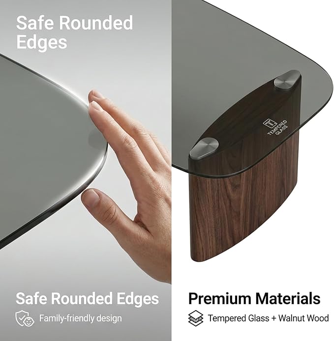 Modern Glass Coffee Table, Coffee Table for Living Room,Tempered Glass-top with Sturdy Wooden Base, Modern Coffee Tables for Small Space, Apartment, Office, Minimalist Design (Walnut)