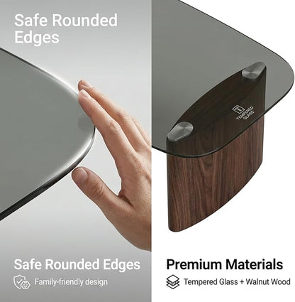 Modern Glass Coffee Table, Coffee Table for Living Room,Tempered Glass-top with Sturdy Wooden Base, Modern Coffee Tables for Small Space, Apartment, Office, Minimalist Design (Walnut)