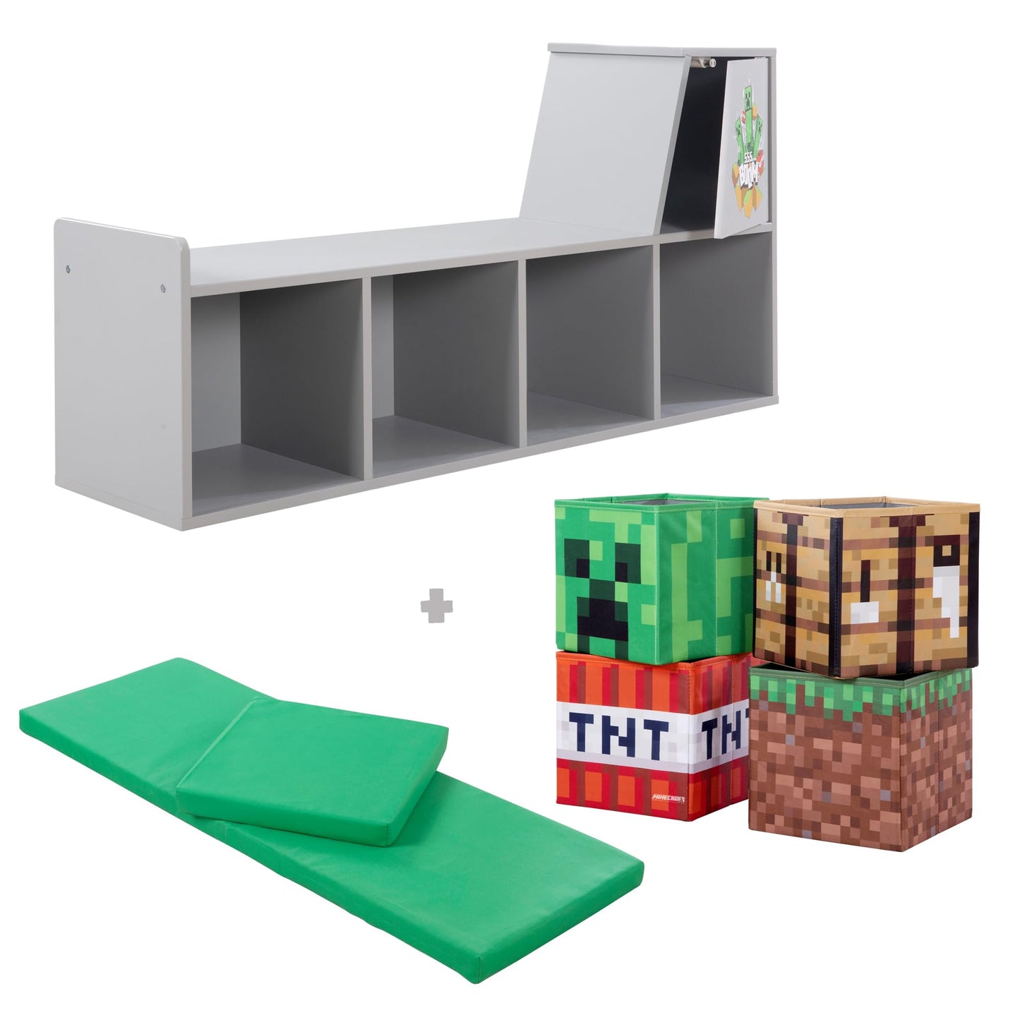 Minecraft: Storage Bench - Wooden Storage w/Cushioned Reading Shelf, 4 Themed Storage Cubes, Seating & Organization In 1, Game Theme Décor, Licensed