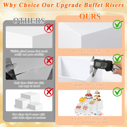 6 Pcs White Acrylic Buffet Risers with Mini Sign and Maker, Food Display Stands for Buffet Table Party Catering Dessert Jewelry Collectibles,Nesting Cube Boxes with Hollow Bottoms (8",7",6",5",4",4")