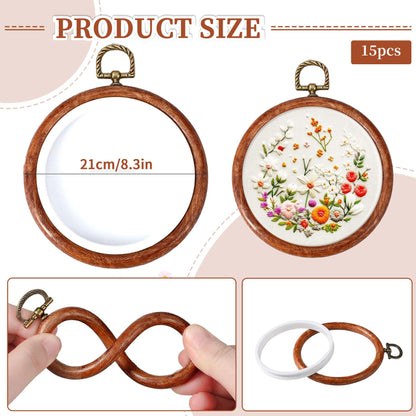 ZESHIHAOGUO 15 Pcs Round Embroidery Hoops - Rubber Ring Imitated Wood Frame Kits for Cross Stitch, DIY Craft, Sewing Projects Hanging Gifts (Brown, 8.27 Inch)