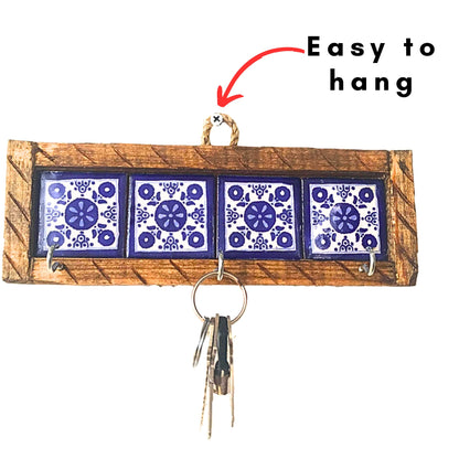 Casa Fiesta Designs Mexican Talavera Key Holder – Handcrafted Wooden & Ceramic Wall Organizer with 3 Metal Hooks – Blue & White Tile Design – Rustic Home Décor - Portallaves 4 Azulejos Azules