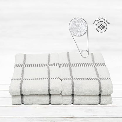 100% Cotton Terry Dish Towels, 4 Pack Checks, 16 x26 Inches, Super Soft and
