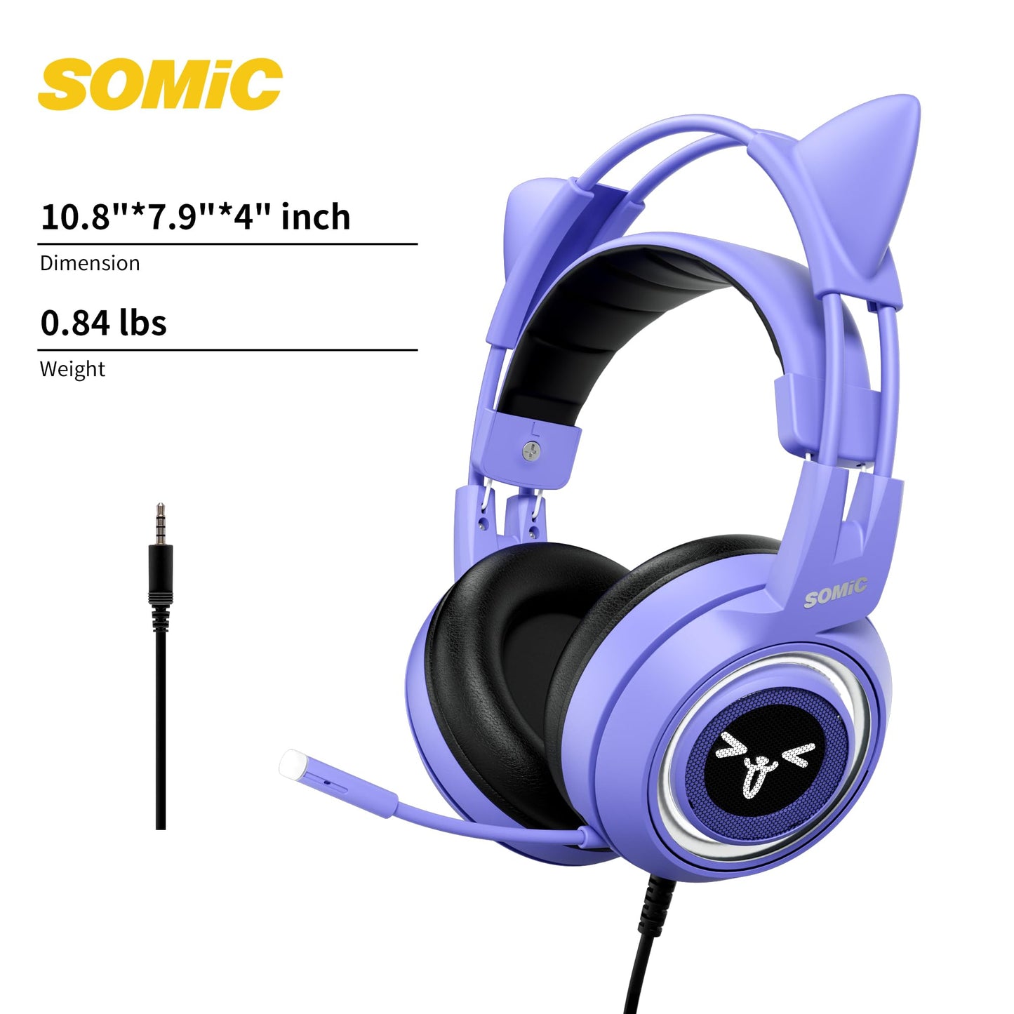 SOMIC G951S Purple Stereo Gaming Headset with Mic for PS4, PS5, Xbox One, PC, Phone, Detachable Cat Ear 3.5MM Noise Reduction Headphones Computer Gaming Headphone Self-Adjusting Gamer Headsets