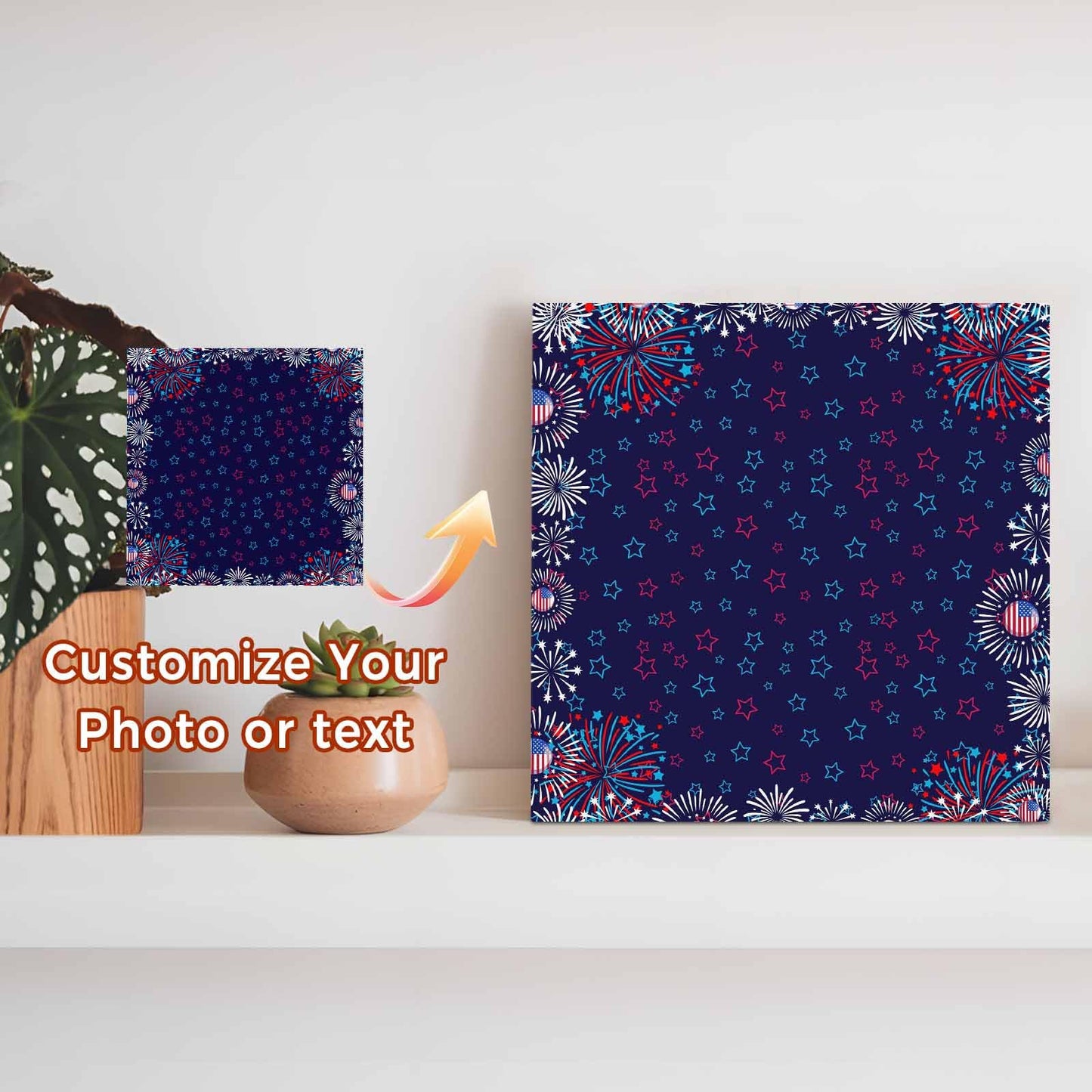 Navy Blue Red Stars Wood Box Sign Desk Decor, Independence Day Sparklers Us Flag Modern Decorative Wooden Block Box Sign Decorations for Home Office Shelf Table Decor 6x6 Inches