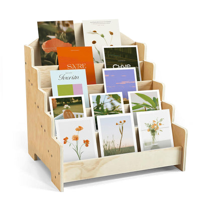 5-Tier Greeting Card Display Stand, Wooden Rack Holder for Display Postcards, Cards, Brochure and Stickers, Also for Vendors, Counter Retail