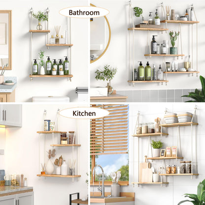 FKSLIFE Hanging Shelves for Wall,Macrame Hanging Plant Shelf with Vine Lights 3 Tier Rope Floating Shelf Wood Organizer Storage Rack Boho Wall Decor Aesthetic for Succulents Bedroom Bathroom Kitchen