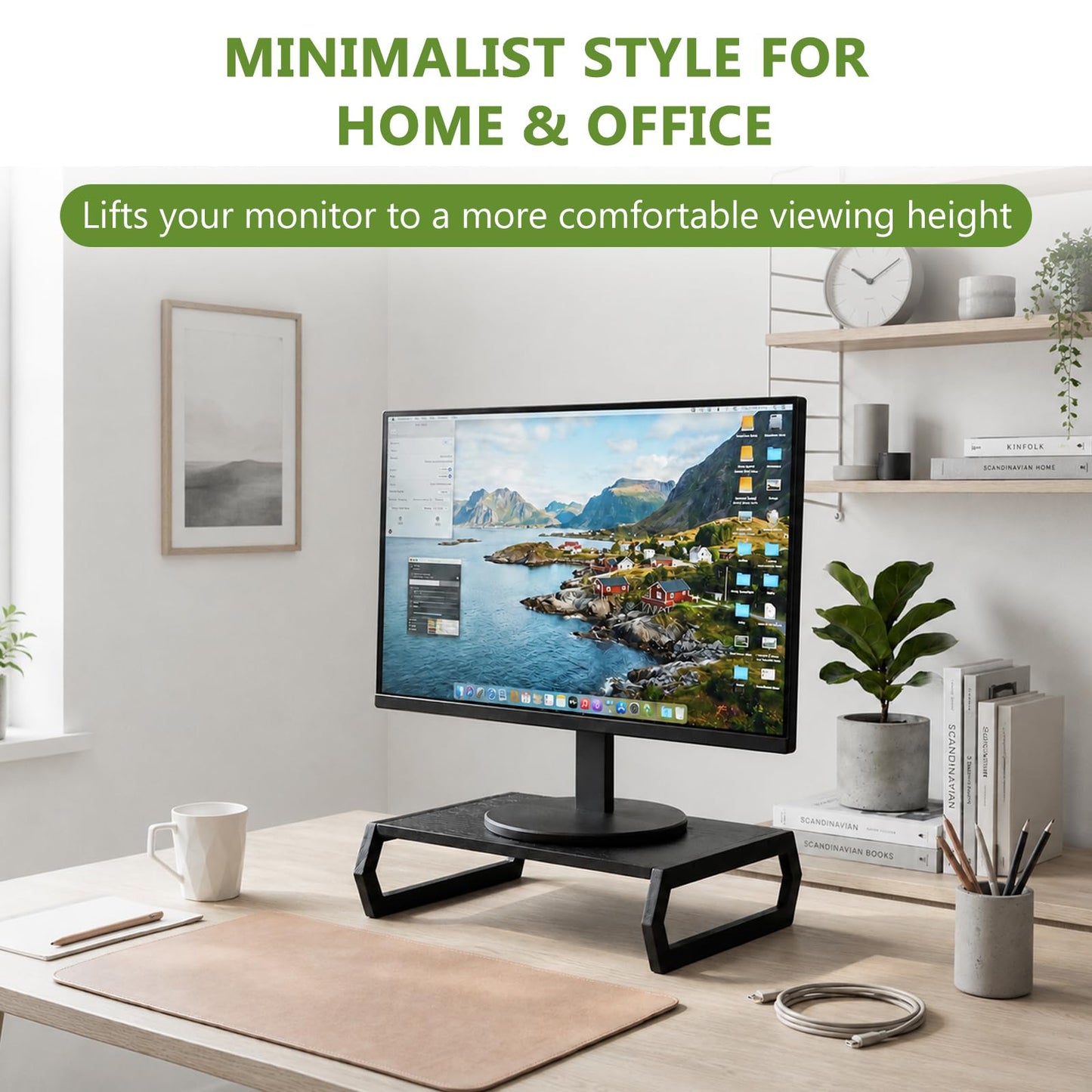 Wenqik Wood Monitor Stand Riser 14.2 Inch Black Wood Desktop Monitor Stand for Laptop PC Computer TV Screen for Home Office (Hexagonal Design)