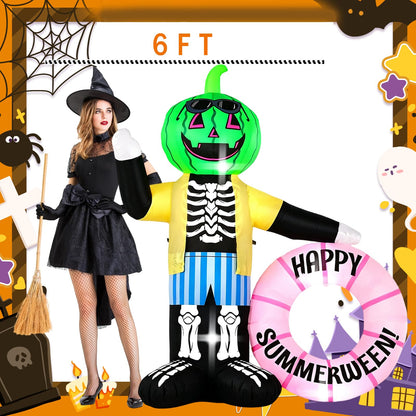 InfleasJoiy 6FT Watermelon Zombie Holding Flower Wreath, Summer Halloween Outdoor Inflatable Decoration with Built-in LED Lights. Suitable for Indoor, Outdoor, and Lawn Parties.