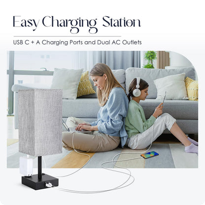 Soilsiu Bedside Table Lamp for Bedroom - Touch Small Lamp with USB C+A Charging Ports & AC Outlets, 3 Way Dimmable Nightstand Light for Living Room (LED Bulb Included, Grey)