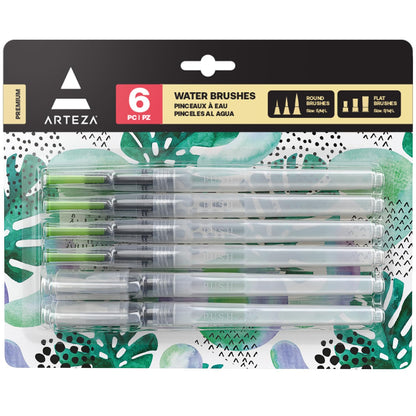 ARTEZA Water Brush Pen, 6-Piece Set, Fine, Medium & Broad Tips, Refillable Self-Moistening Brushes for Painting & Lettering