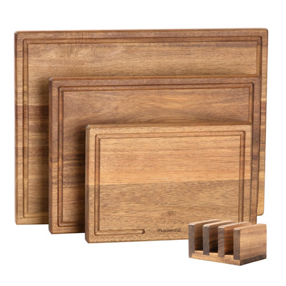 muso wood Solid Wood Cutting Board 3-Piece Set Kitchen Acacia Wood Cutting Board with Stand 0.8-inch Thick Wooden Cutting Board with Juice Groove Ideal for Chopping Vegetables and Serving Food
