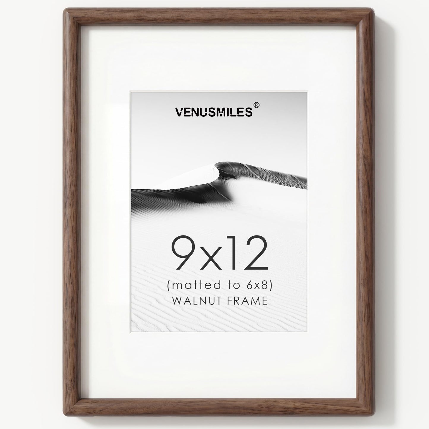 9x12 Picture Frame, USA-Sourced Natural Walnut Wood Photo Frame with Tempered Glass, Handcrafted Rounded Corner 9 x 12 Wooden Frame Matted to 6x8 Photos, Wall or Tabletop Display