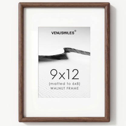 9x12 Picture Frame, USA-Sourced Natural Walnut Wood Photo Frame with Tempered Glass, Handcrafted Rounded Corner 9 x 12 Wooden Frame Matted to 6x8 Photos, Wall or Tabletop Display