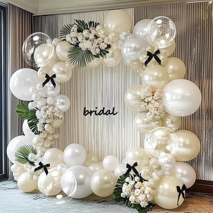 White Balloon Garland Arch Kit, Double Stuffed Cream Ivory Sand White Pearl Balloons with Bow Clear Balloon for Bridal Wedding Baby Shower Birthday Valentine‘s Day Party Decorations