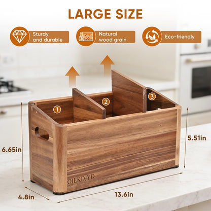 OIEKDJYD Wooden Utensil Holder for Kitchen Counter - Large Utensil Organizer with 3 Compartment, Cooking Tool Crock & Farmhouse Kitchen Accessories