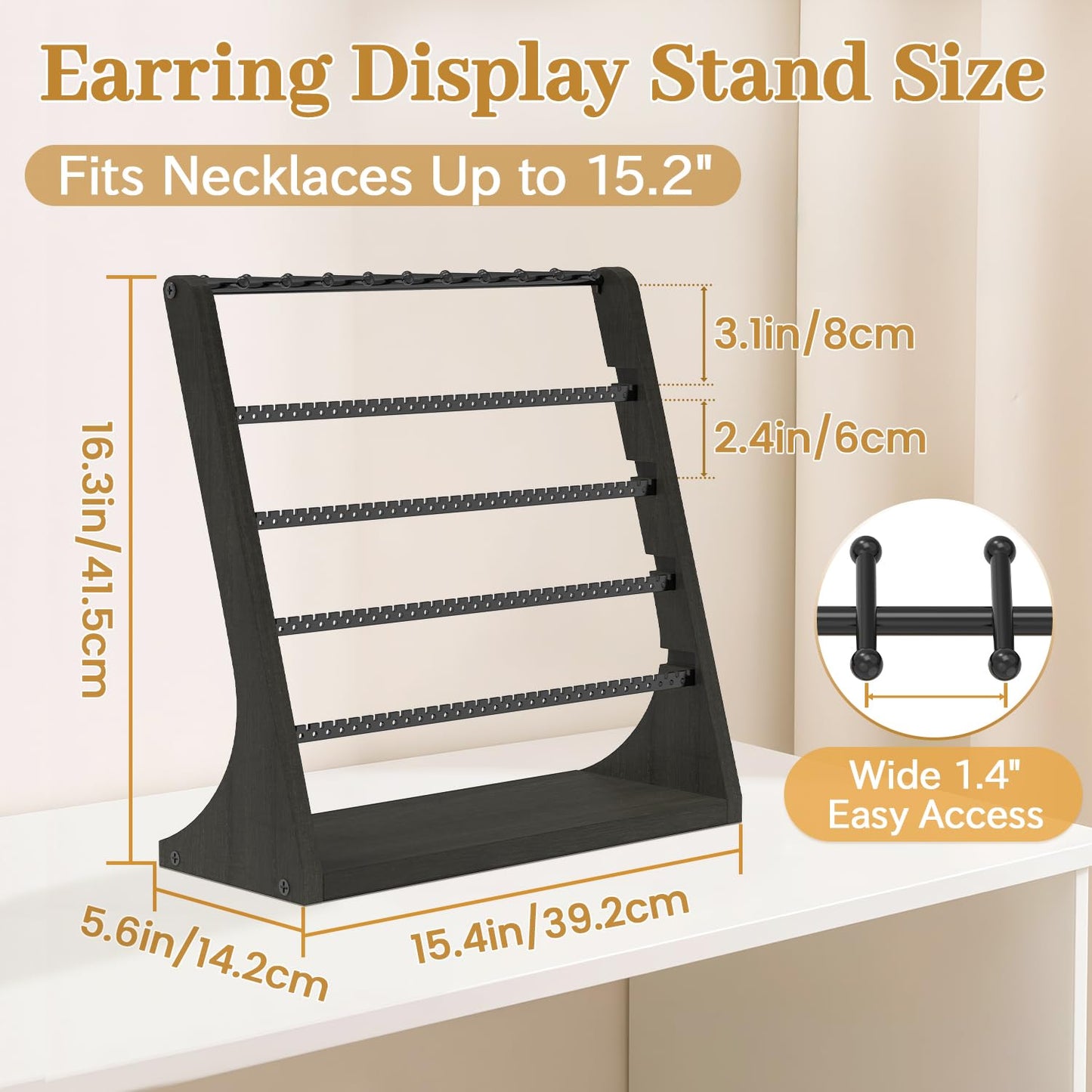MODOWEY Earring Holder Organizer and Necklace Display Stand, Countertop Wooden Tree Rack for Stud Pierced Dangle Bracelet Storage, 5 Tier 20 Hooks Large Capacity Metal Jewelry Hanger for Women, Black