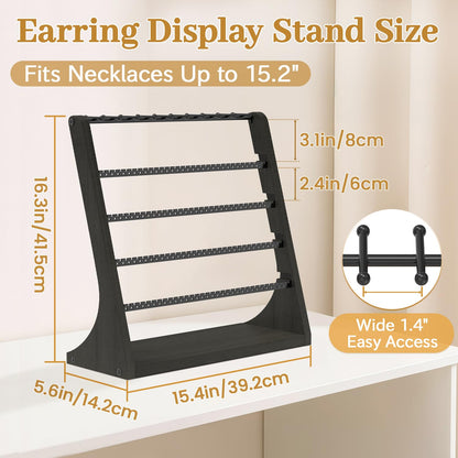 MODOWEY Earring Holder Organizer and Necklace Display Stand, Countertop Wooden Tree Rack for Stud Pierced Dangle Bracelet Storage, 5 Tier 20 Hooks Large Capacity Metal Jewelry Hanger for Women, Black