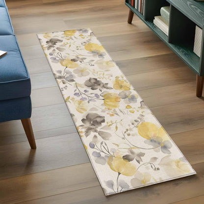 Yellow Gray Floral Runner Rug 2x6 Washable Kitchen Rug Non-Slip Lightweight Thin Soft Bathroom Runner Botanical Watercolor Plants Flowers Texture Beige Carpet for Hallway Laundry Room Bedroom Entryway