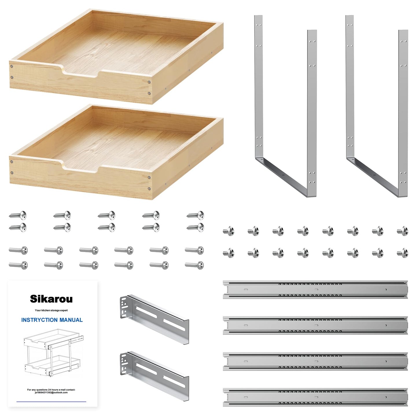 Sikarou Wood Pull Out Cabinet Organizer 2 Tie 23" W x 21" D, Heavy-Duty Sliding Drawers for Inside Cabinets Storage and Organization for Kitchen, Pantry, Bathroom