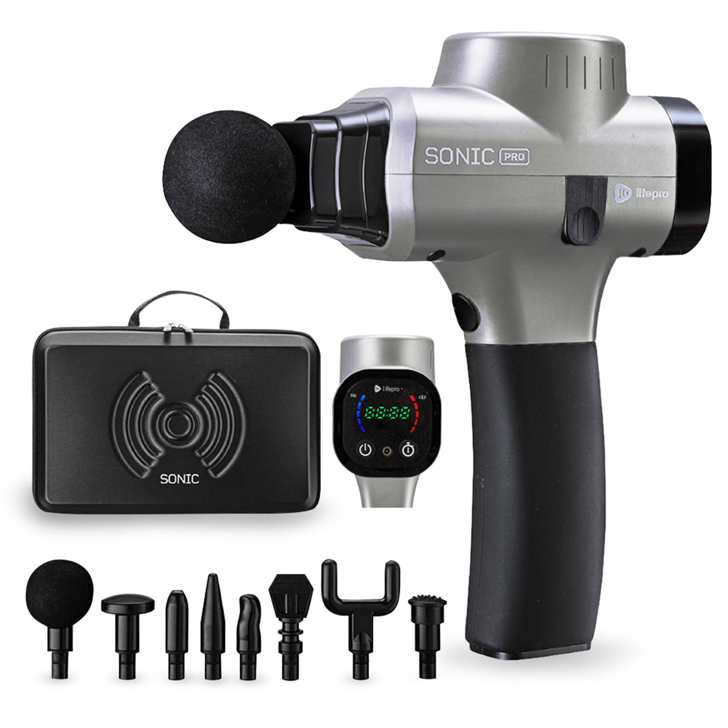 LifePro Sonic Pro Handheld Electric Massage Gun – Deep Tissue Percussion Massager Gun with 10 Speeds & 9 Heads – Muscle Massager for Athletes Back, Legs, Arms