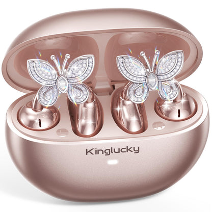 Kinglucky ClipFree Open-Ear Headphones with Butterfly Earrings, Ultra-Comfort & Snug Fit Clip On Earbuds, 50H Playtime Bluetooth 6.0 Wireless Headphones for Women Sports,Glasses Gifts (Rose Gold)