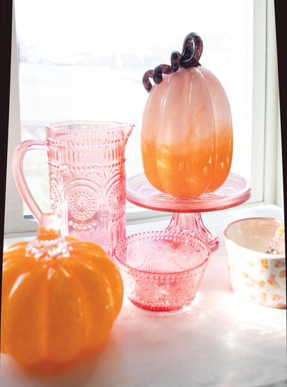 Boston International Handblown Art Glass Pumpkin Thanksgiving Halloween Decorations for Home, Large, Ombre Pink & Orange