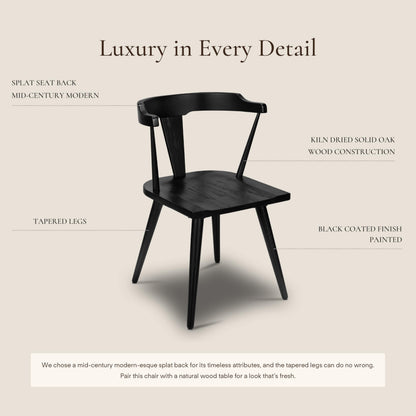 Poly & BARK Mid Century Modern Enzo Black Dining Chair – Solid Oak Wood Splat Back Chair, 18" Seat Height, 32" Tall – Stylish MCM Kitchen & Dining Room Chair - Set of 3