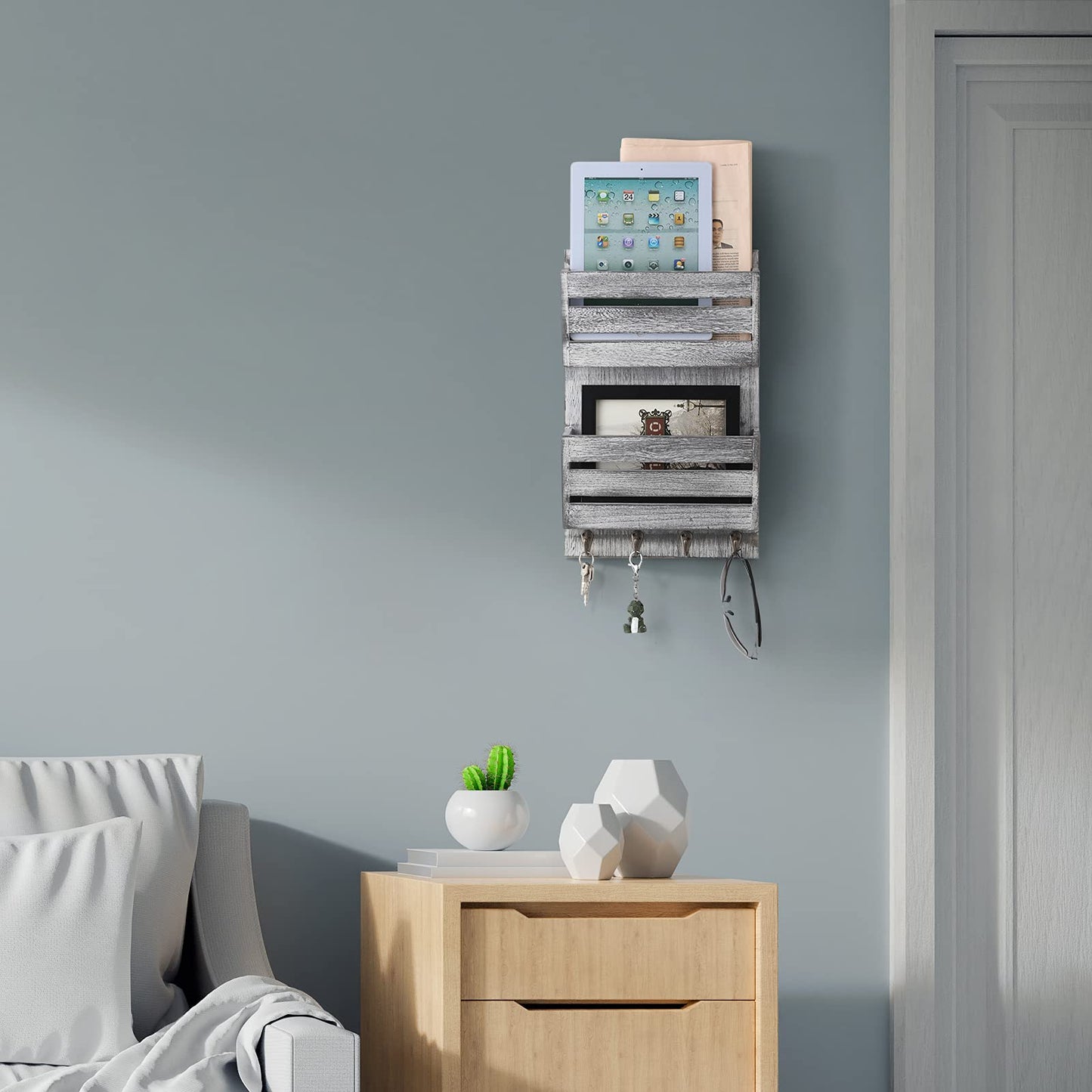 BTY Mail Sorter Wall Mounted, Wooden Mail Holder with 4 Key Hooks, 2 Slot Letter Bills Newspaper Magazine Organizer for Entryroom Hallway Office Garage, Gray White