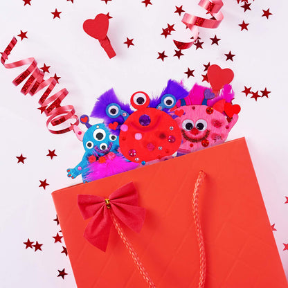 36 Sets Valentine's Day Craft Kits DIY Valentine Monster Wood Ornaments Decorations Art Sets Assorted Paintable Unfinished Wood Monster Cutouts Pom-Poms Googly Eyes for Kids Valentine Party Activity