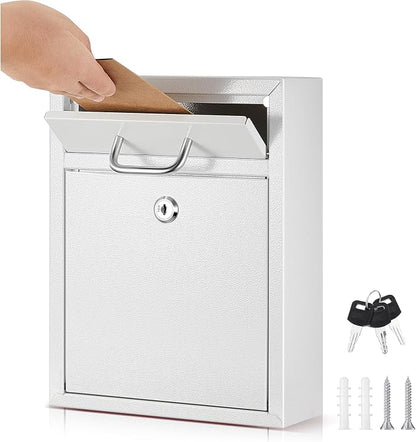 Yaocom Locking Mailbox with Key for Outdoor 10 x 7 x 3 Inches Small Wall Mount Mail Box with Lock Security Mail Drop Metal Collection Boxes Hanging Secure Postbox(Creamy White)