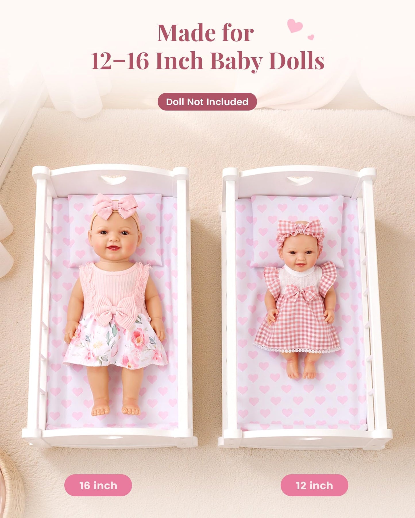 BABESIDE Wooden Baby Doll Crib for 12-16 Inch Dolls, Doll Bed with Pink Heart Bedding, Doll Furniture Baby Doll Accessories for Pretend Play, Gift for Girls Ages 3+