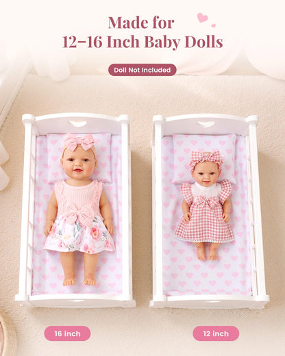 BABESIDE Wooden Baby Doll Crib for 12-16 Inch Dolls, Doll Bed with Pink Heart Bedding, Doll Furniture Baby Doll Accessories for Pretend Play, Gift for Girls Ages 3+