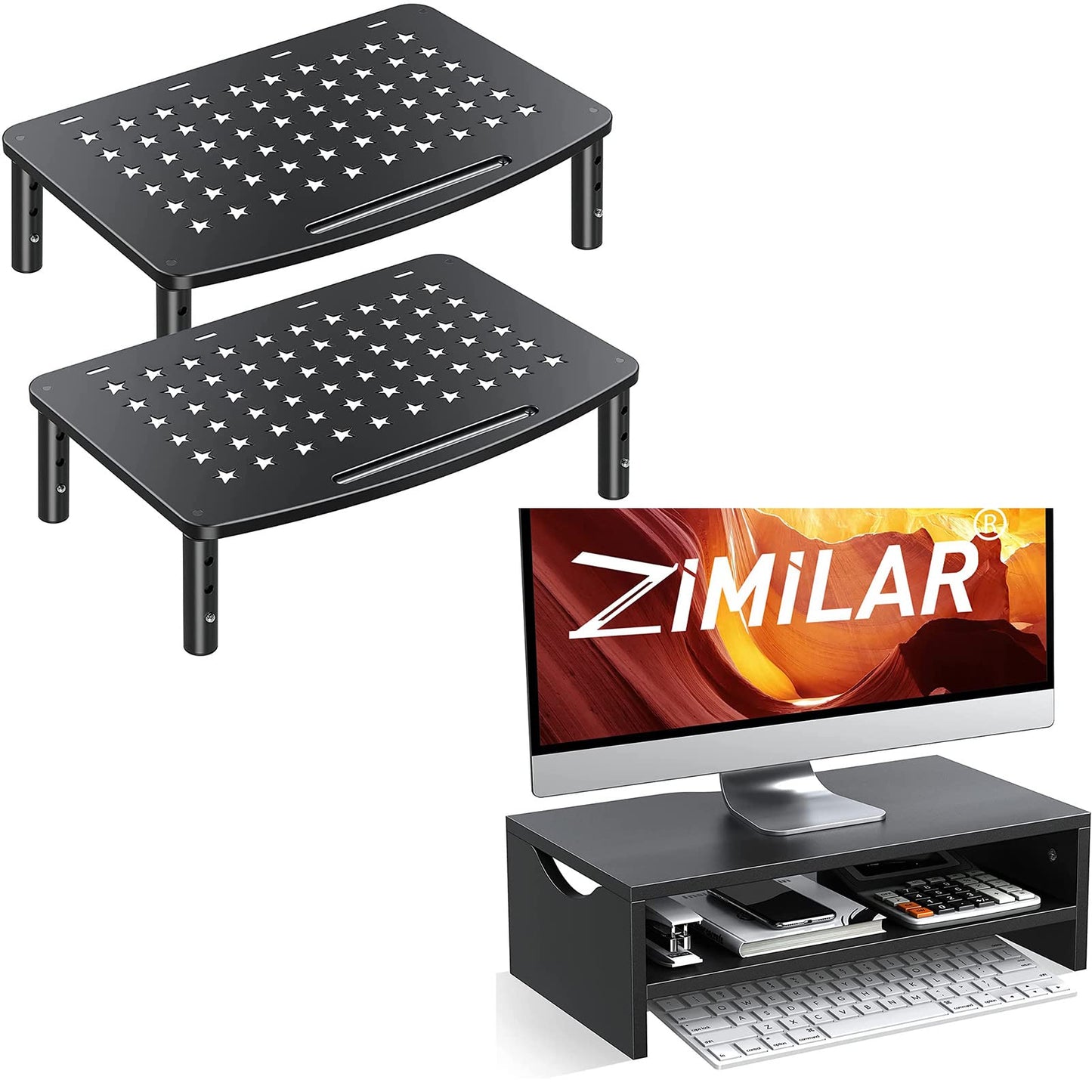 Zimilar 3 Height Adjustable Monitor Stand for 2 Monitors +2 Tiers Laptop Computer Monitor Riser for PC Screen, iMac, Desktop Wooden Screen Monitor Stand Riser with Storage