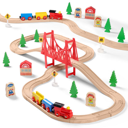 SainSmart Jr. Wooden Train Set for Toddler - Double-Side Wooden Tracks Fits Brio, Thomas, Melissa and Doug - Expandable, Changeable-Kids Wood Toy Train for 3,4,5 Year Old Boys and Girls