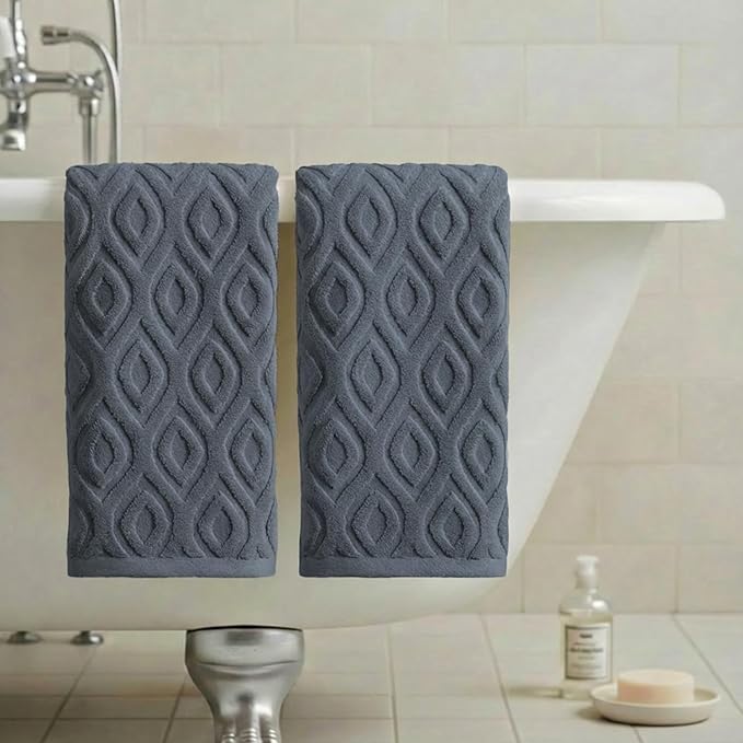 Artoid Mode 2 Pcs Grey 3D Diamond Grid Jacquard Hand Towels