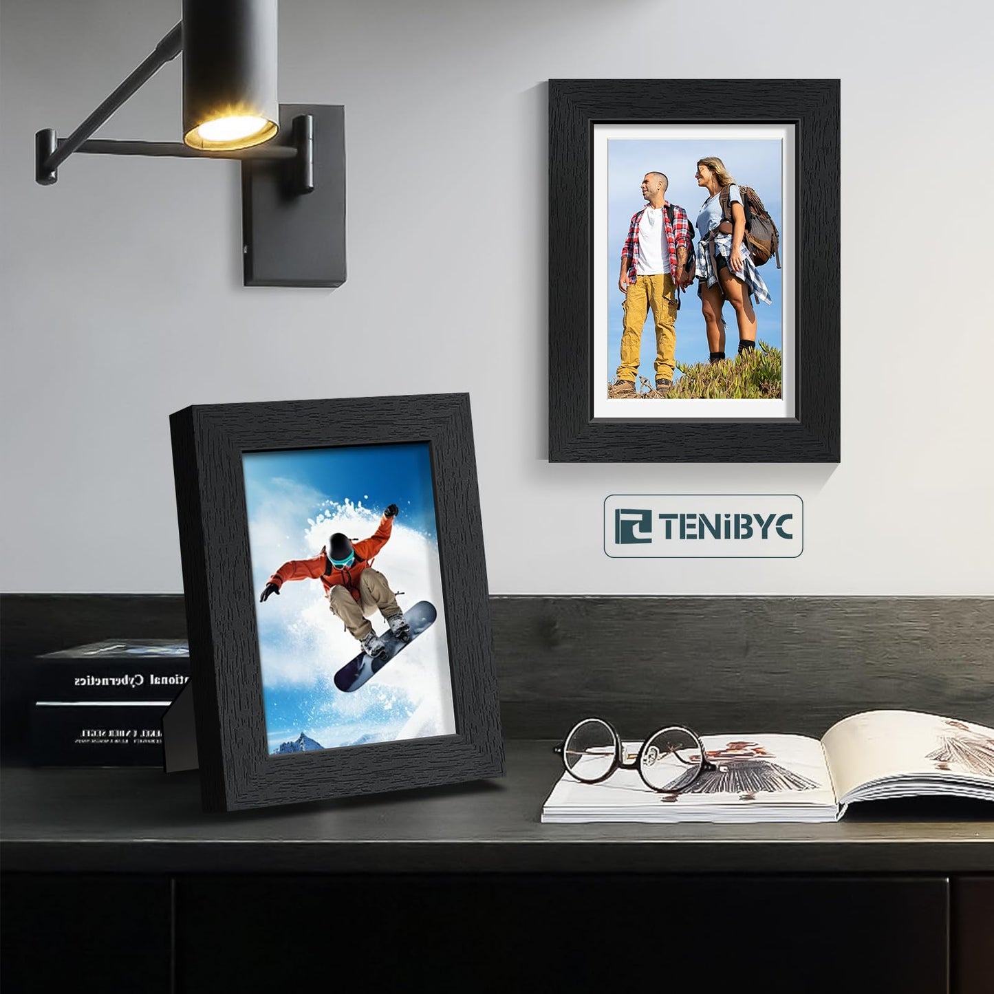 TENIBYC 5x7 Picture Frame Set - 4 Pack, Black Wood Photo Frames - Tempered Glass - Displays Photos 4x6 with Mat or 5 x 7 without - Room, Office, Gallery, Studio, and Hallway Decor - Wall Hanging