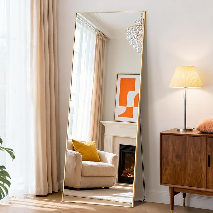 NEWBULIG Mirror Full Length, 58"x19" Body Wall Mirrors with Shatter-Proof Glass, Upgraded Floor Standing Mirror, Hanging or Leaning, with Stand Aluminum Alloy Frame for Home Decor, Bedroom, Gold
