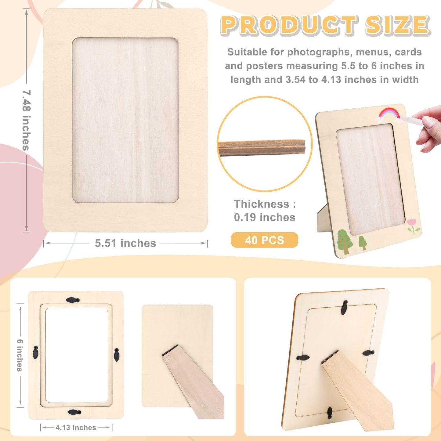 SAYAYA 40 PCS Unfinished Wood Picture Frames Bulk 4x6, DIY Wooden Photo Frames for Crafts, Solid Wood Blank Picture Frames for Painting, Ideal for Classroom Projects, Party Decor, Mother’s Day Gifts