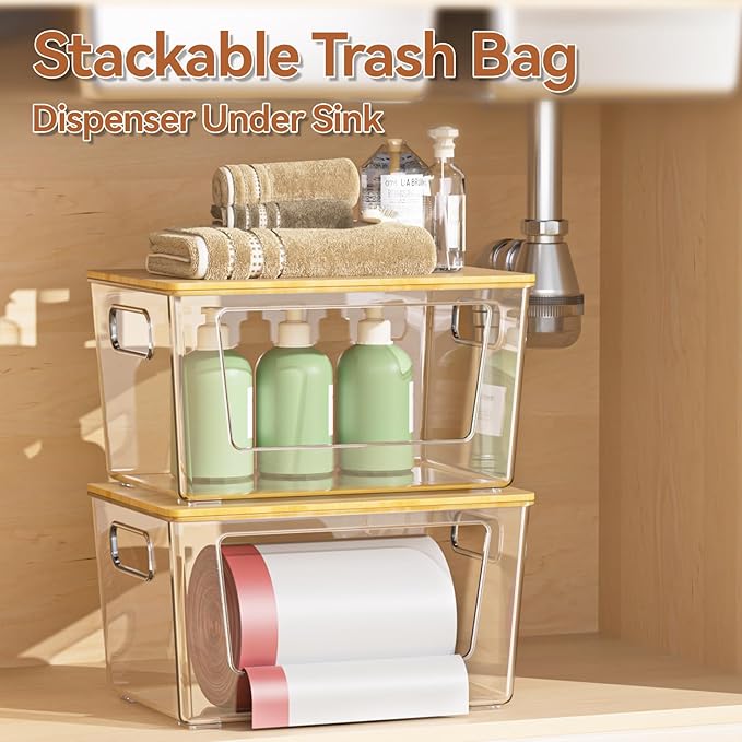 Trash Bag Holder with Bamboo Lid, Stackable Trash Bag Dispenser, Extra Large