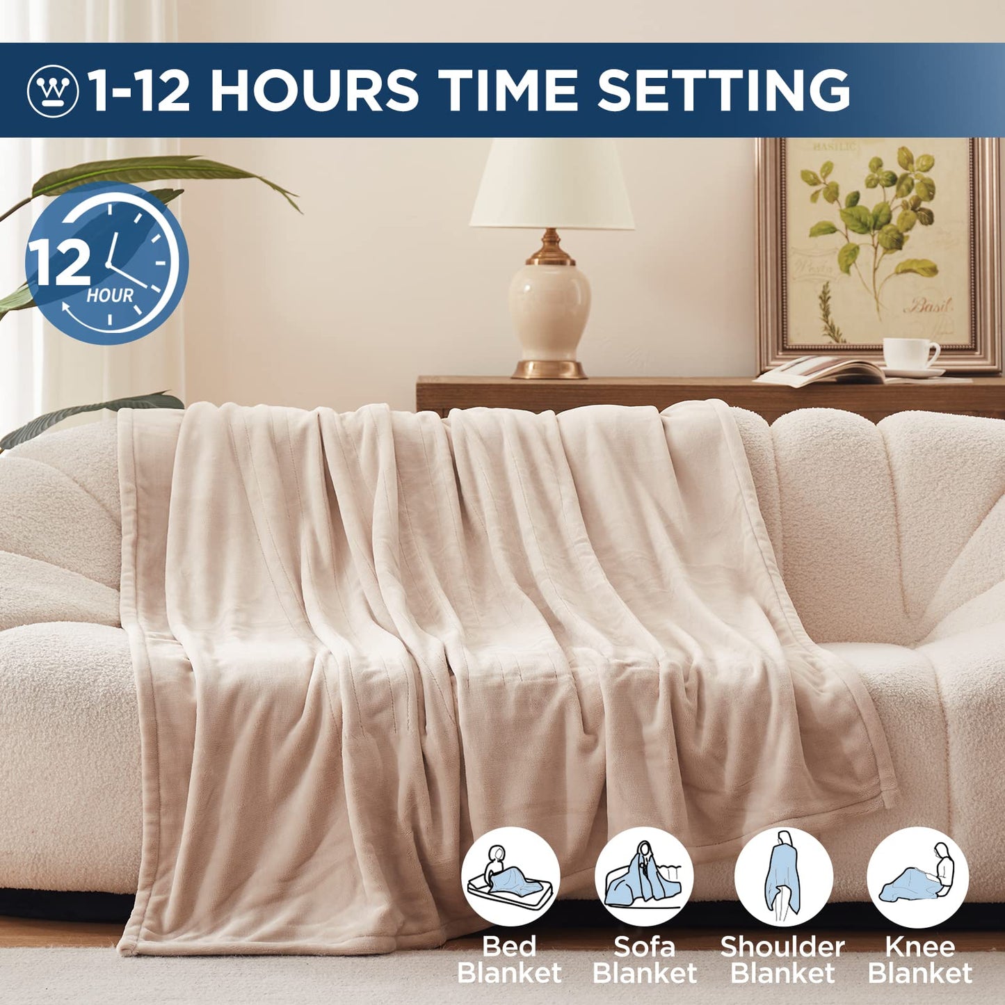 Westinghouse Electric Blanket Heated Throw, Super Cozy Soft Flannel 50"" x 60"" Heated Throw with 6 Fast Heating Levels & 2-10 Auto-Off, Machine Washable, ETL&FCC Certification, Navy Blue