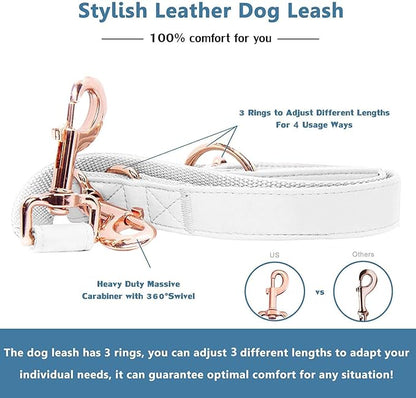 Soft Leather Dog Collar and Leash (6.6') Set - Stylish Rose Gold Heavy Duty Metal Buckle, 4 Adjustable Lengths Leash for Small Medium Large Dogs - Comfortable & Easy to Clean White L(15.4"-24.8")