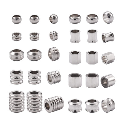 Fashewelry 50pcs Column Rondelle European Beads Large Hole Stainless Steel Loose Beads Assorted Tube Drum Spacer Finding Beads for Macrame Braided Necklace Choker Bracelet Earring Making