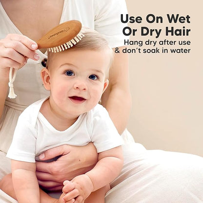 Baby Hair Brush Set for Newborns - Soft Goat Bristle Wooden Baby Brush and Comb Set Newborn Grooming Kit for Cradle Cap, Durable & Gentle, Boy, Girl Infant Essentials Care Kit (Regular, Golden Oak)
