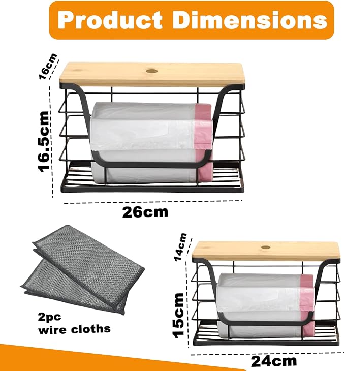Trash Bag Holder & Wire Dishcloth, Stackable Trashbag Dispenser With Bamboo Lid, Large Trash Bag Holder and Small Garbage Bag Dispenser for Countertop Organization(4 Pcs)